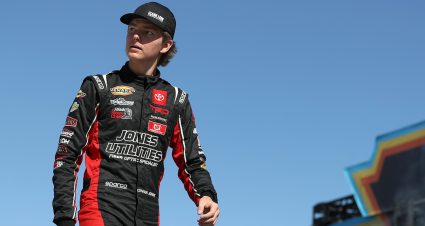 AVONDALE, ARIZONA - NOVEMBER 04: Conner Jones, driver of the #18 Jones Utilities Toyota, walks onstage during driver intros prior to the ARCA Menards Series West Desert Diamond Casino West Valley 100 at Phoenix Raceway on November 04, 2022 in Avondale, Arizona. (Photo by Meg Oliphant/Getty Images) | Getty Images
