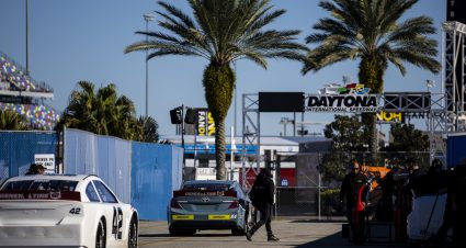 Cars drive in the garage during ARCA Testing at Daytona International Speedway on January 14, 2022 in Daytona Beach, Florida. (Photo by James Gilbert/NASCAR)