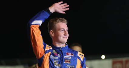 Tanner Reif driver of the #9 Vegas Fastener Manufacturing Ford is introduced before the NAPA Auto Parts 150 presented by Berco Redwood for the ARCA Menards Series West at All American Speedway in Roseville, California on October 1, 2022. (Lachlan Cunningham/ARCA Racing)