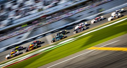 Cars in action during the Lucas Oil 200 Driven by General Tire for the ARCA Menards Series at Daytona International Speedway in Daytona Beach, Florida on February 19, 2021. (Adam Glanzman/NASCAR)