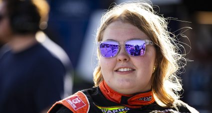 Mandy Chick, driver of the #74 Rose Hulman Institute of Technology Chevrolet, during practice before the Menards 200 for the ARCA Menards Series at Daytona International Speedway in Daytona Beach, Florida on February 16, 2023. (Adam Glanzman/NASCAR)