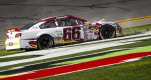 Jon Garrett, driver of the #66 The Camping Crew Chevrolet, spins out during the ARCA Daytona 200 for the ARCA Menards Series at Daytona International Speedway in Daytona Beach, Florida on February 18, 2023. (Adam Glanzman/NASCAR)