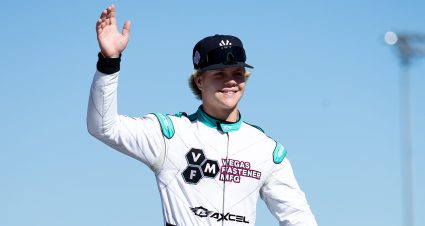 Tyler Reif, driver of the #41 Power Gen Components, Stoney's Chevrolet gets introduced to the fans before the Desert Diamond Casino West Valley 100 for the ARCA Menards Series West at Phoenix Raceway in Avondale, Arizona, on November 4, 2022. (Zac BonDurant/ARCA Racing)