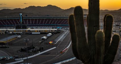 A general view of the track as the sun sets before the General Tire 150 for the ARCA Menards Series and ARCA Menards Series West at Phoenix Raceway in Avondale, Arizona, on March 10, 2022. (Adam Glanzman/ARCA Racing)