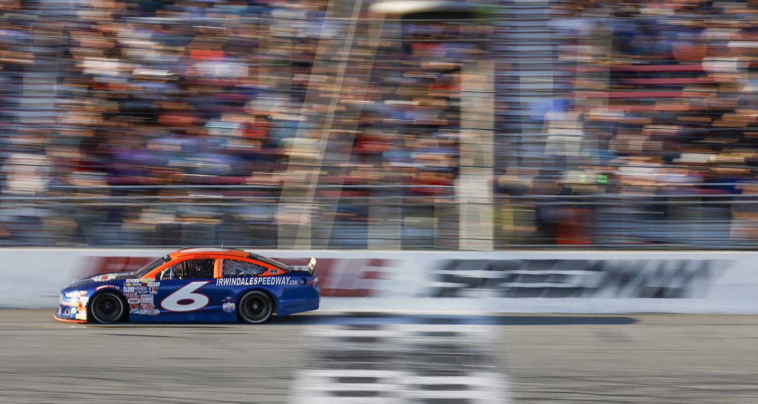 Jake Drew, driver of the #6 Irwindale Speedway-StiloUSA-Molecule-Offset Ford, races during the NAPA Auto Parts 150 presented by West Coast Stock Car Hall of Fame for the ARCA Menards Series West at Irwindale Speedway in Irwindale, California on July 2, 2022. (Michael Owens/ARCA Racing)