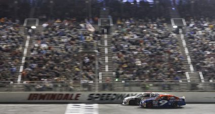 Tanner Reif, driver of the #9 Vegas Fastener Mfg Ford, leads as he races during the NAPA Auto Parts 150 presented by West Coast Stock Car Hall of Fame for the ARCA Menards Series West at Irwindale Speedway in Irwindale, California on March 26, 2022. (Michael Owens/ARCA Racing)