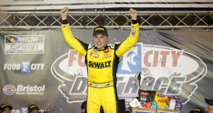BRISTOL, TENNESSEE - APRIL 09: Christopher Bell, driver of the #20 DeWalt Power Stack Toyota, celebrates in victory lane after winning the NASCAR Cup Series Food City Dirt Race at Bristol Motor Speedway on April 09, 2023 in Bristol, Tennessee. (Photo by Jared C. Tilton/Getty Images) | Getty Images