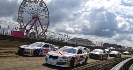 Jesse Love, driver of the #20 JBL Toyota, and Buddy Kofoid, driver of the #15 Mobil 1 Toyota, lead the pack during the Atlas 100 for the ARCA Menards Series at the Illinois State Fairgrounds in Springfield, Illinois on August 21, 2022. (Jeff Curry/ARCA Racing)