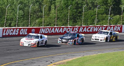 Jesse Love, driver of the #20 Crescent Tools Toyota, leads a pack of cars during the Reese’s 200 for the ARCA Menards Series at Lucas Oil Indianapolis Raceway Park in Indianapolis, IN on July 29, 2022. (Ben Jackson/ARCA Racing)