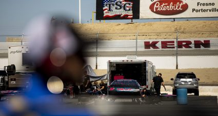 Crew members work in the infield during the Salute to the Oil Industry NAPA Auto Parts 150 for the ARCA Menards Series West at Kern County Raceway Park in Bakersfield, California on April 23, 2022. (Ruby Wallau/ARCA Racing)