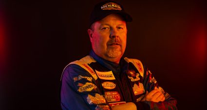 Jason White, driver of the #44 Powder Ventures Excavating Chevrolet, poses for a portrait before the Menards 200 for the ARCA Menards Series at Daytona International Speedway in Daytona Beach, Florida on February 16, 2023. (Adam Glanzman/NASCAR)