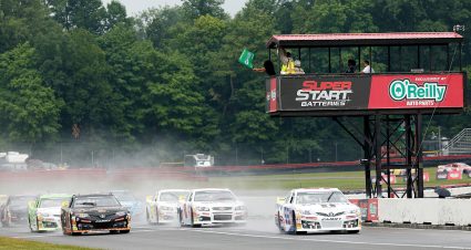 John Hunter Nemechek driver of the #55 Mobil 1 Toyota leads the pack through the green flag during the Dawn 150 for the ARCA Menards Series at Mid-Ohio Sports Car Course in Lexington, Ohio on July 8, 2022. (Kirk Irwin/ARCA Racing)