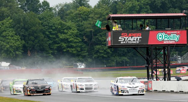 John Hunter Nemechek driver of the #55 Mobil 1 Toyota leads the pack through the green flag during the Dawn 150 for the ARCA Menards Series at Mid-Ohio Sports Car Course in Lexington, Ohio on July 8, 2022. (Kirk Irwin/ARCA Racing)