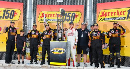 Sammy Smith(18) reacts with his team after winning the ARCA Menards Series race at the Milwaukee Mile, Sunday, Aug, 28, 2022 in West Allis, Wis. (Photo for NASCAR/Jeffrey Phelps)