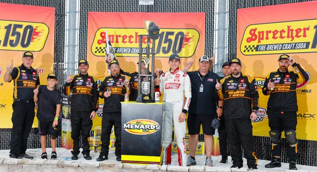 Sammy Smith(18) reacts with his team after winning the ARCA Menards Series race at the Milwaukee Mile, Sunday, Aug, 28, 2022 in West Allis, Wis. (Photo for NASCAR/Jeffrey Phelps)
