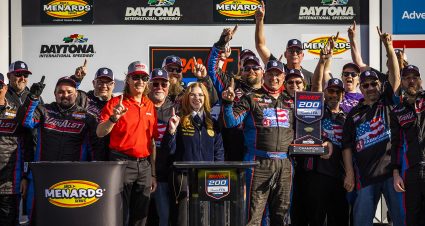Greg Van Alst, driver of the #35 Vern’s Concrete-CB Fab-Sam Pierce Chevrolet Chevrolet, celebrates in victory lane after winning the ARCA Daytona 200 for the ARCA Menards Series at Daytona International Speedway in Daytona Beach, Florida on February 18, 2023. (Adam Glanzman/NASCAR)