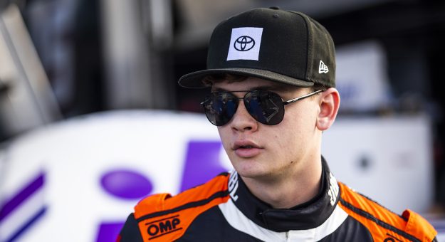 Jesse Love, driver of the #20 Yahoo Toyota, during practice before the Menards 200 for the ARCA Menards Series at Daytona International Speedway in Daytona Beach, Florida on February 16, 2023. (Adam Glanzman/NASCAR)