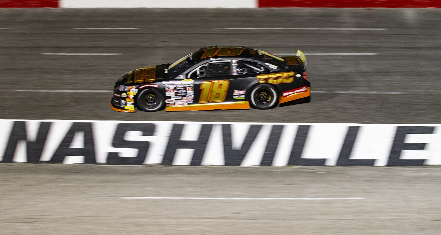 Sammy Smith, driver of the #18 TMC Toyota, races in the Music City 200 for the ARCA Menards Series East at Nashville Fairgrounds Speedway in Nashville, Tennessee, on May 7, 2022. (Austin Anthony/ARCA Racing)