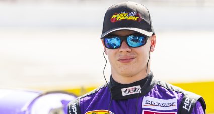 Zachary Tinkle, driver of the #11 RacingForRescues.org-IndianaOwned.com Toyota, looks on during the Pensacola 200 for the ARCA Menards Series East in Pensacola, Florida on March 25, 2023. (Adam Glanzman/ARCA Racing)