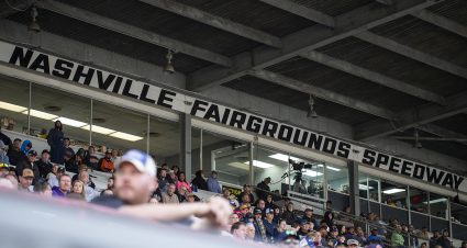 Fans watch the North-South Super Late Model Challenge 100 before the Crosley Record Pressing 200 for the ARCA Menards Series East at Nashville Fairgrounds Speedway in Nashville, Tennessee, on May 8, 2021. (Silas Walker/ARCA Racing)