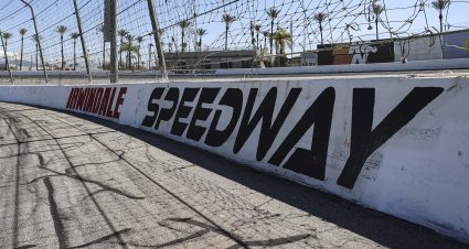Irwindale Speedway signage at the West Coast Stock Car Motorsports Hall of Fame 150 for the ARCA Menards Series West at Irwindale Speedway in Irwindale, California on April 1, 2023. (Kate Foultz/ARCA Racing)