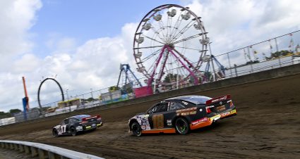 Taylor Gray, driver of the #17 Ford Performance-Mission 22 Ford, drives against Sammy Smith, driver of the #18 TMC Toyota, during the Atlas 100 for the ARCA Menards Series at the Illinois State Fairgrounds in Springfield, Illinois on August 21, 2022. (Jeff Curry/ARCA Racing)