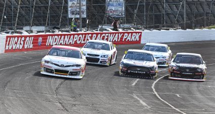 D.L. Wilson, driver of the #12 FastTrackRacing.com Toyota, leads a pack of cars during the Reese’s 200 for the ARCA Menards Series at Lucas Oil Indianapolis Raceway Park in Indianapolis, IN on July 29, 2022. (Ben Jackson/ARCA Racing)