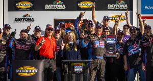 Greg Van Alst, driver of the #35 Vern’s Concrete-CB Fab-Sam Pierce Chevrolet Chevrolet, celebrates in victory lane after winning the ARCA Daytona 200 for the ARCA Menards Series at Daytona International Speedway in Daytona Beach, Florida on February 18, 2023. (Adam Glanzman/NASCAR)