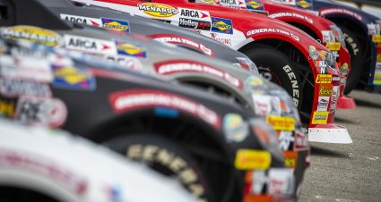 Cars line up before the Lucas Oil 200 Driven by General Tire for the ARCA Menards Series at Daytona International Speedway in Daytona Beach, Florida on February 19, 2021. (Adam Glanzman/NASCAR)