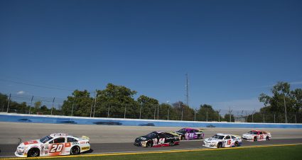 Corey Heim, driver of the No. 20 Craftsman Toyota, leads a pack of cars during a restart of the Sprecher 150 for the ARCA Menards Series at the Milwaukee Mile in West Allis, Wisconsin, on Aug. 29, 2021. (Patrick McDermott/ARCA Racing)