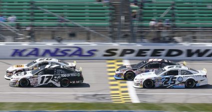 Cars race during the Dawn 150 for the ARCA Menards Series at Kansas Speedway on May 6, 2023 in Kansas City, Kansas. (Ed Zurga/ARCA Racing)