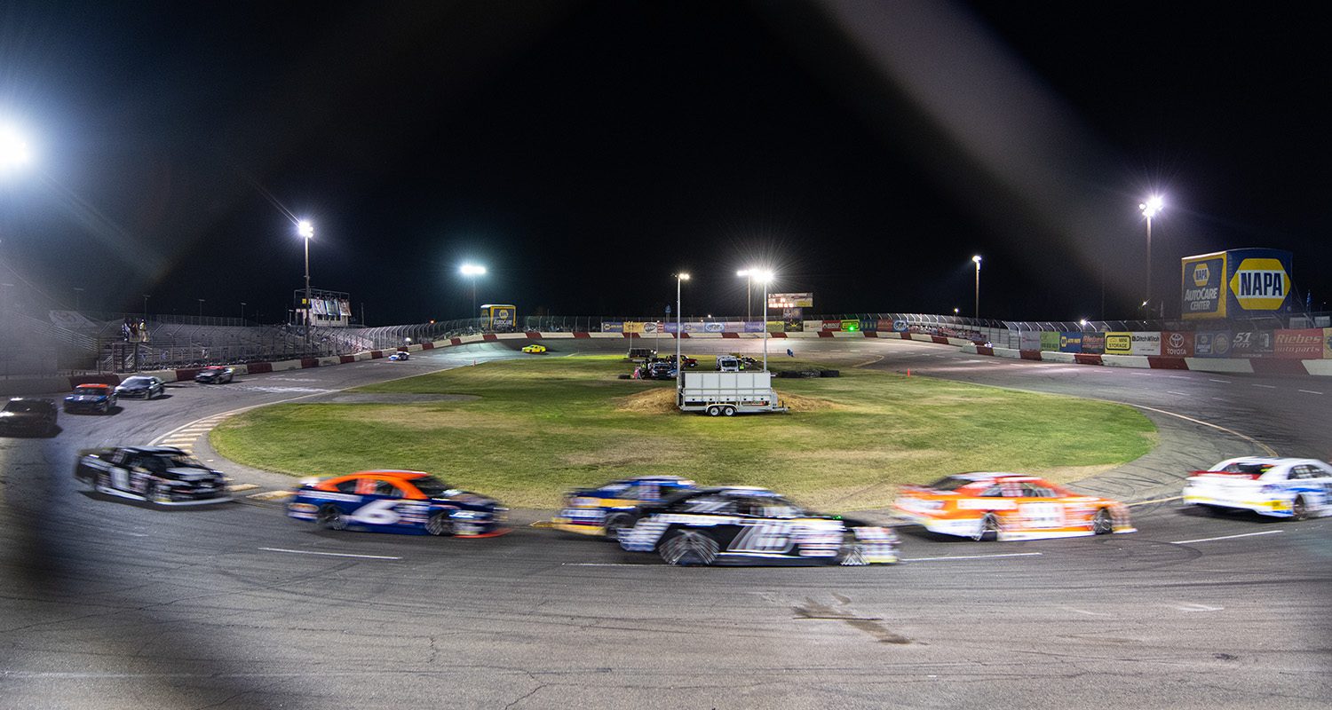 Corner shot racing during the NAPA Auto Parts 125 presented by CashInTheCan.com for the ARCA Menards West Series in Roseville, California on October 23, 2020. (Michael Urakami/ARCA Racing)