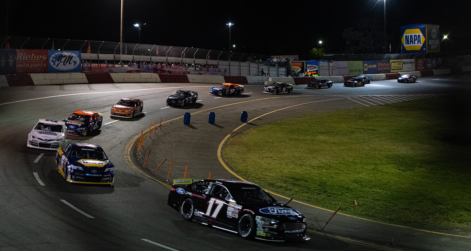 Corner shot as Taylor Gray leads during the NAPA Auto Parts 125 presented by CashInTheCan.com for the ARCA Menards West Series in Roseville, California on October 23, 2020. (Michael Urakami/ARCA Racing)