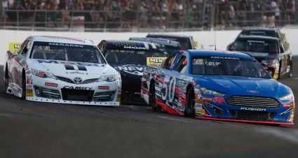 Trevor Huddleston driver of the #50 High Point Racing-Racecar Factory Ford and Sean Hingorani driver of the #15 Mobil 1 Toyota race during the Shasta 150 at Shasta Speedway for the ARCA Menards West Series in Anderson, California on July 29, 2023. (Lachlan Cunningham/ARCA Racing)
