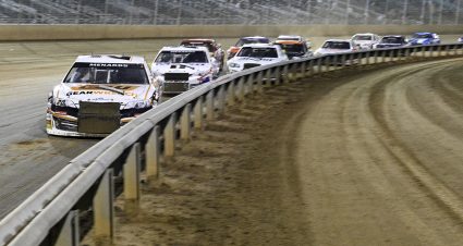 Jesse Love, driver of the #20 GEARWRENCH Toyota, leads the field during the Southern Illinois 100 for the ARCA Menards Series at the DuQuoin State Fairgrounds in DuQuoin, Illinois on September 3, 2023. (Jeff Le/ARCA Racing)
