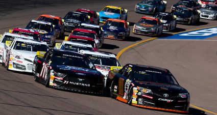Sammy Smith, driver of the #18 TMC Toyota leads the field to a green flag during the Desert Diamond Casino West Valley 100 for the ARCA Menards Series West at Phoenix Raceway in Avondale, Arizona, on November 4, 2022. (Zac BonDurant/ARCA Racing)
