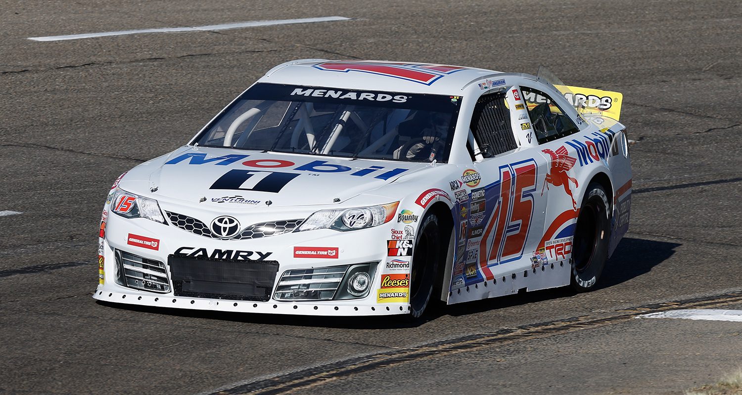 Sean Hingorani driver of the #15 Mobil 1 Toyota drives during qualifying for the Shasta 150 at Shasta Speedway for the ARCA Menards West Series in Anderson, California on July 29, 2023. (Lachlan Cunningham/ARCA Racing)