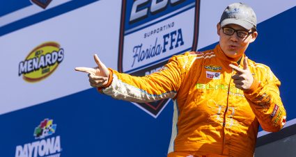 Brayton Laster, driver of the #03 Indy Auto Recyclers-autorepairvinstickers.com Ford, before the ARCA Daytona 200 for the ARCA Menards Series at Daytona International Speedway in Daytona Beach, Florida on February 18, 2023. (Adam Glanzman/NASCAR)