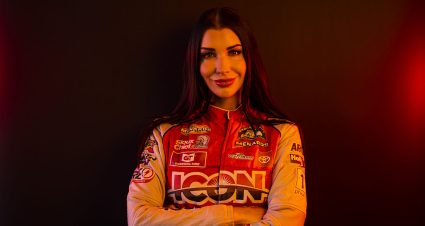 Amber Balcaen, driver of the #15 ICON Direct, poses for a portrait before the Menards 200 for the ARCA Menards Series at Daytona International Speedway in Daytona Beach, Florida on February 16, 2023. (Adam Glanzman/NASCAR)