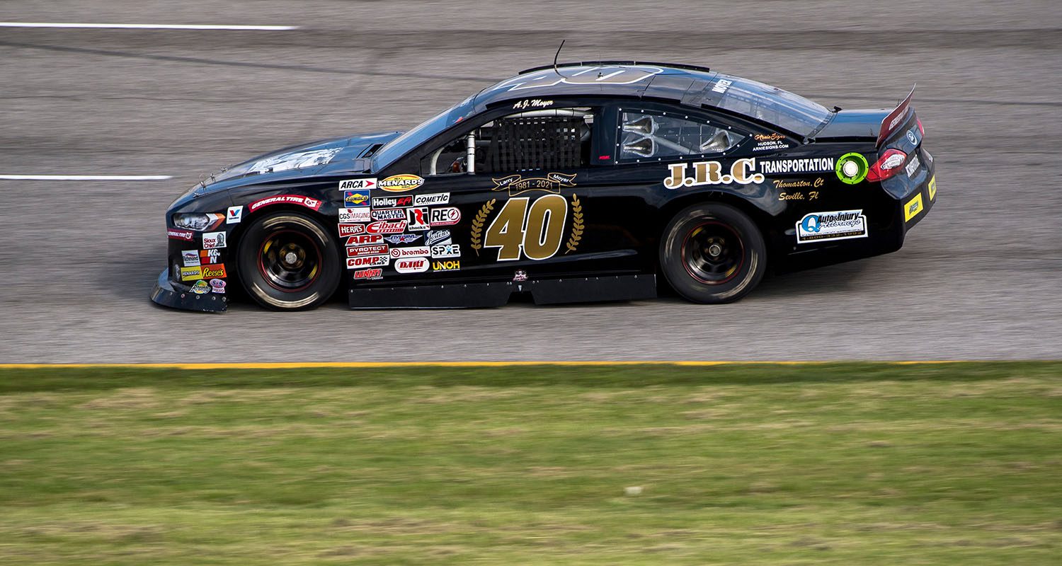 A.J. Moyer, driver of the #40 JRCTransportation.net Ford drives during the qualifying of the Herr’s Potato Chips 200 for the ARCA Menards Series at Toledo Speedway in Toledo, Ohio, on May 22, 2021. (Nic Antaya/ARCA Racing)
