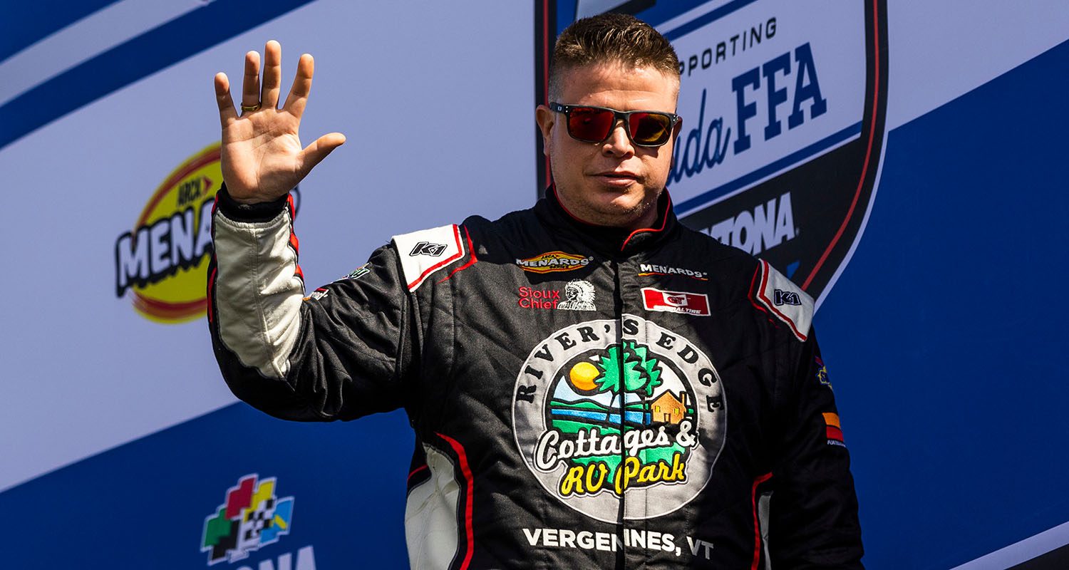 A.J. Moyer, driver of the #06 Riverís Edge Cottages & RV Park Chevrolet, before the ARCA Daytona 200 for the ARCA Menards Series at Daytona International Speedway in Daytona Beach, Florida on February 18, 2023. (Adam Glanzman/NASCAR)