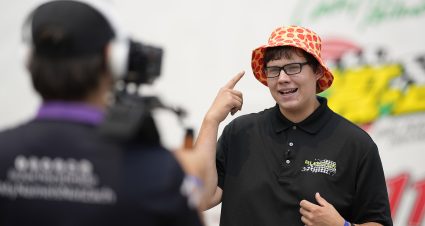 Brayton Laster, driver of the #01 JunkCarBlaster.com Chevrolet speaks about pizza during an interview before the Calypso 150 for the ARCA Menards Series and the ARCA Menards Series East at Iowa Speedway in Newton, Iowa on July 15, 2023. (Matthew Putney/ARCA Racing)
