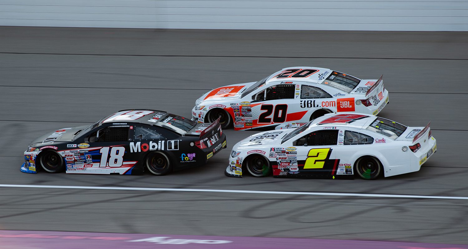 Connor Mosack, driver of the #18 Mobil 1 Toyota, and Andres Perez de lara, driver of the #2 Max Siegel Inc Chevrolet, and Jesse Love, driver of the #20 JBL Toyota, at the Henry Ford Health 200 for the ARCA Menards Series at Michigan International Speedway on August 4, 2023 in Brooklyn, Michigan. (Eric Bronson/ARCA Racing)