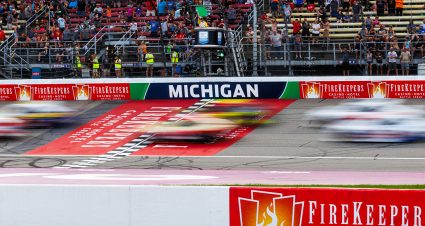 Cars drive past the starting line during the Henry Ford Health 200 for the ARCA Menards Series East at Michigan International Speedway on August 16, 2024 in Brooklyn, Michigan. (Zack Silver/ARCA Racing)