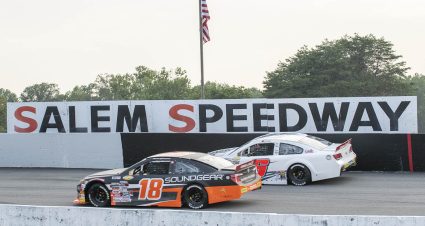 William Sawalich, driver of the #18 Starkey-Soundgear Toyota and Lavar Scott, driver of the #6 Max Siegel Inc Chevrolet drive during the Salem ARCA 200 for the ARCA Menards Series at Salem Speedway in Salem, Indiana on July 27, 2024. (Tanner Pearson/ARCA Racing)