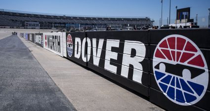 The Dover Motor Speedway logo is seen on the track before the General Tire 150 for the ARCA Menards Series at Dover International Speedway in Dover, Delaware, on April 26, 2024. (Bonnie Cash/ARCA Racing)