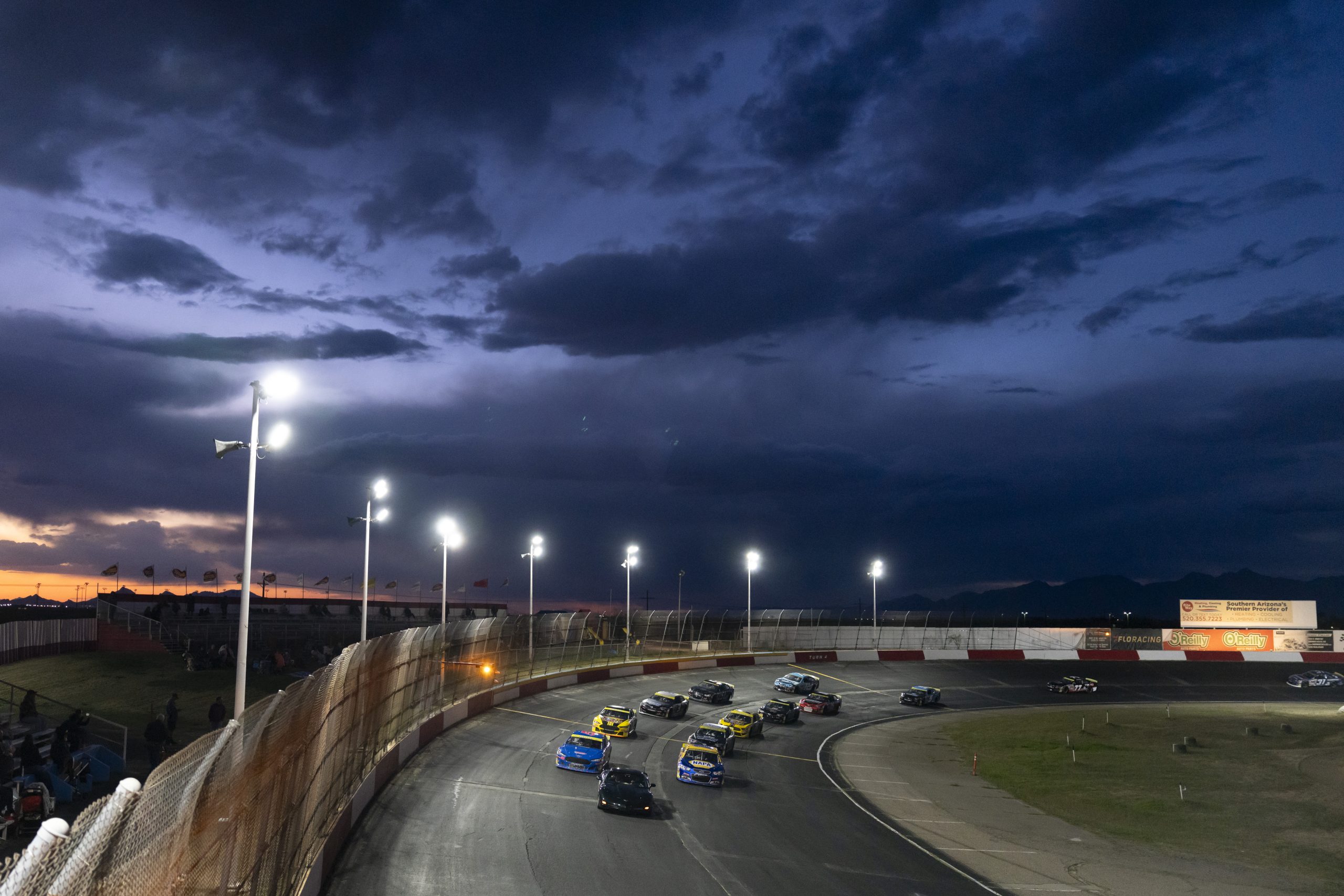 Drivers compete during the ARCA Menards Series West 150 presented by the West Coast Stock Car Motorsports Hall of Fame at Tucson Speedway in Tucson, Arizona, on April 5, 2025. (Rebecca Noble/ARCA)
