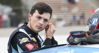 Eric Johnson Jr, driver of the #5 Sherwin-Williams Toyota puts in ear protection before practice for the Portland 112 for the ARCA Menards Series West at Portland International Raceway in Portland, Oregon on August 29, 2025. (Silas Walker/ARCA Racing)