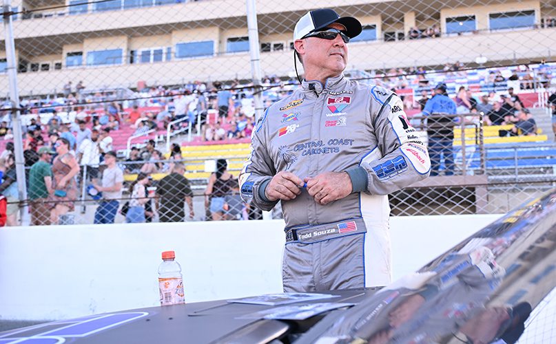 Todd Souza, driver of the #3 Central Coast Cabinets Toyota during the NAPA Auto Parts 150 for the ARCA Menards Series West at Kevin Harvick’s Kern Raceway in Bakersfield, California on June 14, 2025. (David Dennis/ARCA Racing)