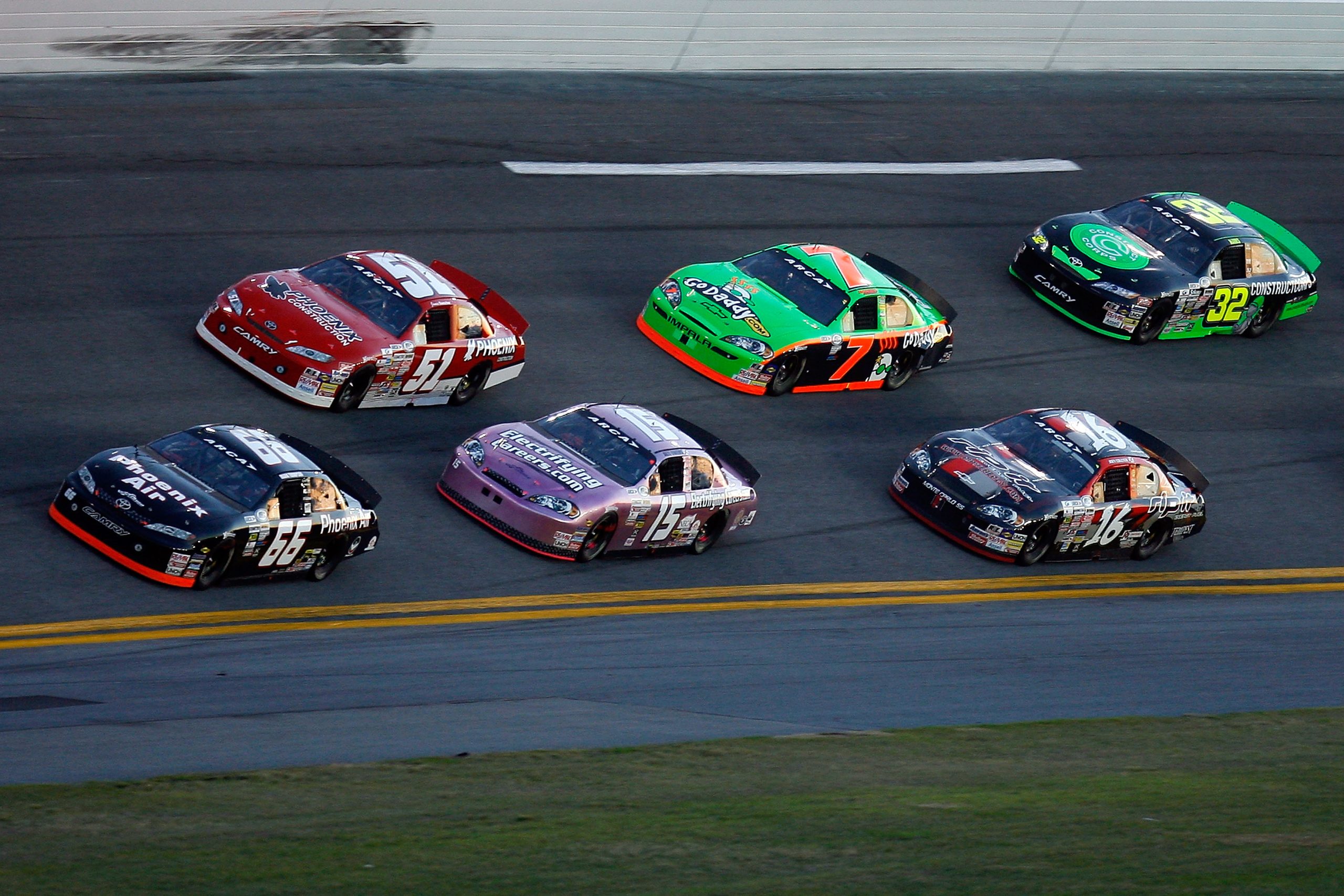 DAYTONA BEACH, FL - FEBRUARY 06: Mark Thompson drives the #66 ahead of James Buescher, driver of the #51, Alli Owens, driver of the #15, Danica Patrick, driver of the #7, Joey Coulter,driver of the #16, and Justin Marks, driver of the #32, during the ARCA Racing Series Lucas Oil Slick Mist 200 at Daytona International Speedway on February 6, 2010 in Daytona Beach, Florida. (Photo by Jason Smith/Getty Images) | Getty Images